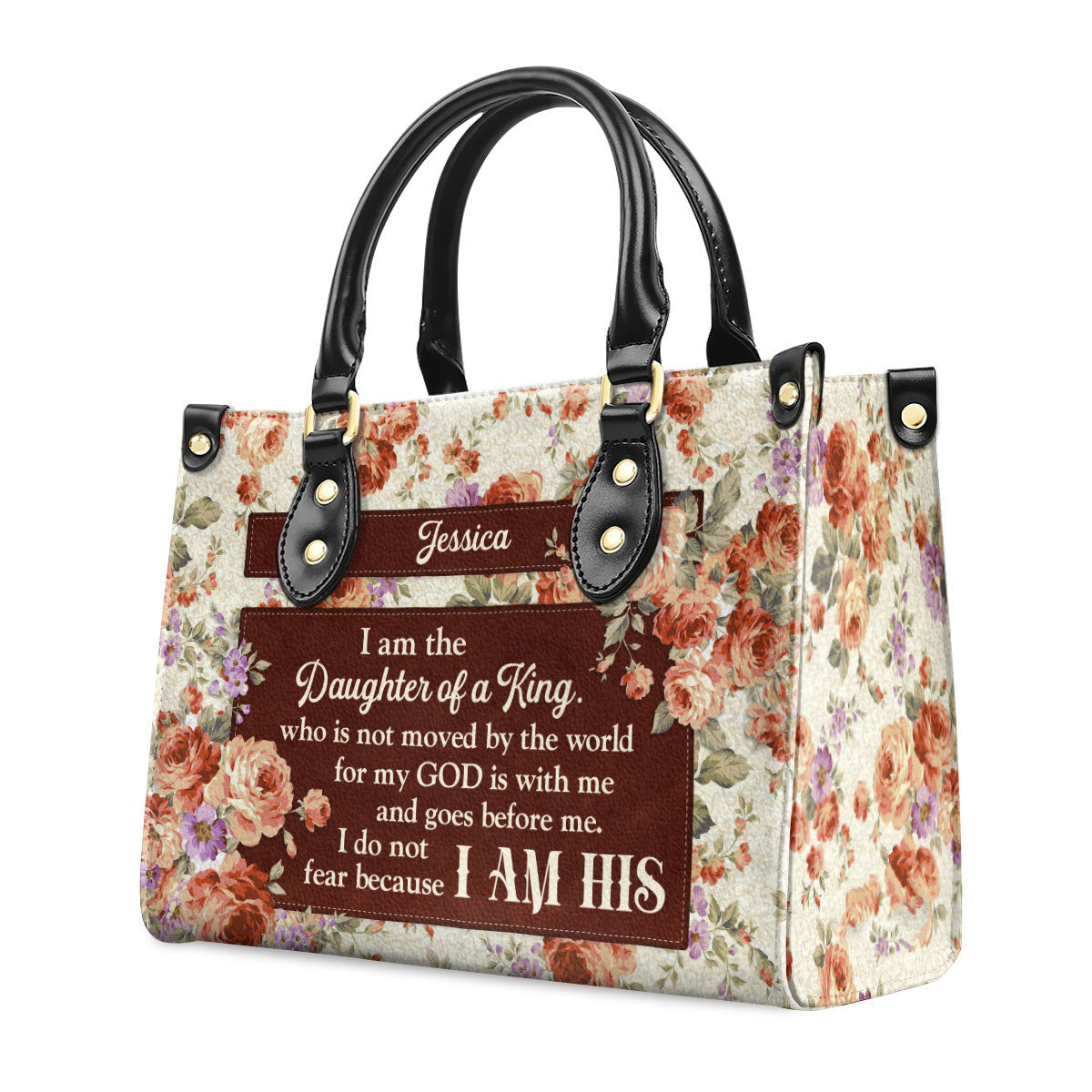Personalized Christian Leather Handbag, Floral Scripture Purse, Daughter of a King I Am His Bible Verse Bag for Women BLAF46